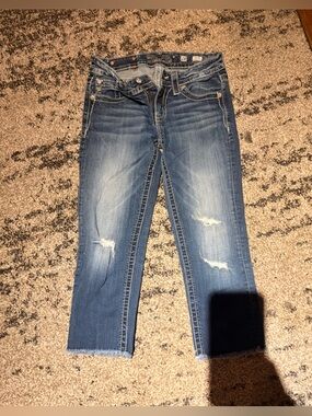 Miss Me Light and Dark Blue Two-Tone Denim Capri